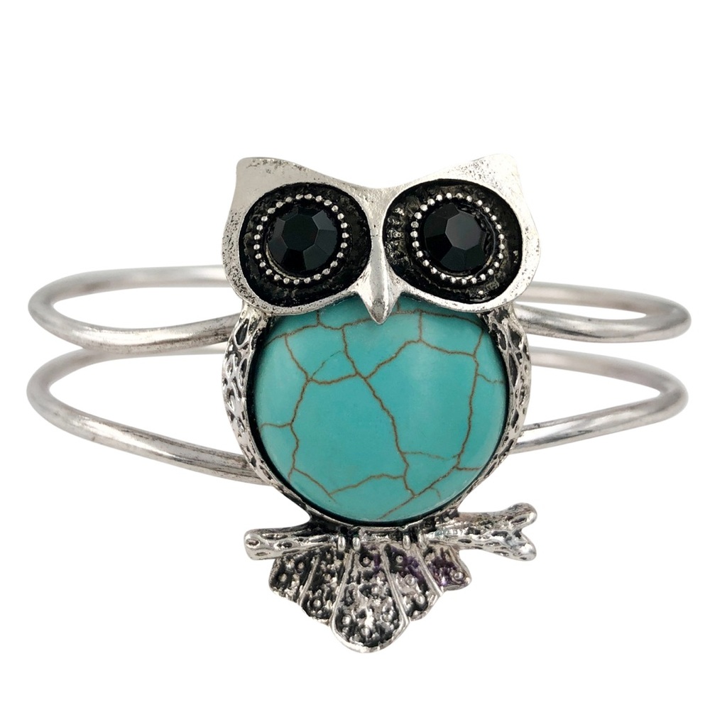Owl Simulated Turquoise Statement Silver Tone Hinged Bangle Bracelet